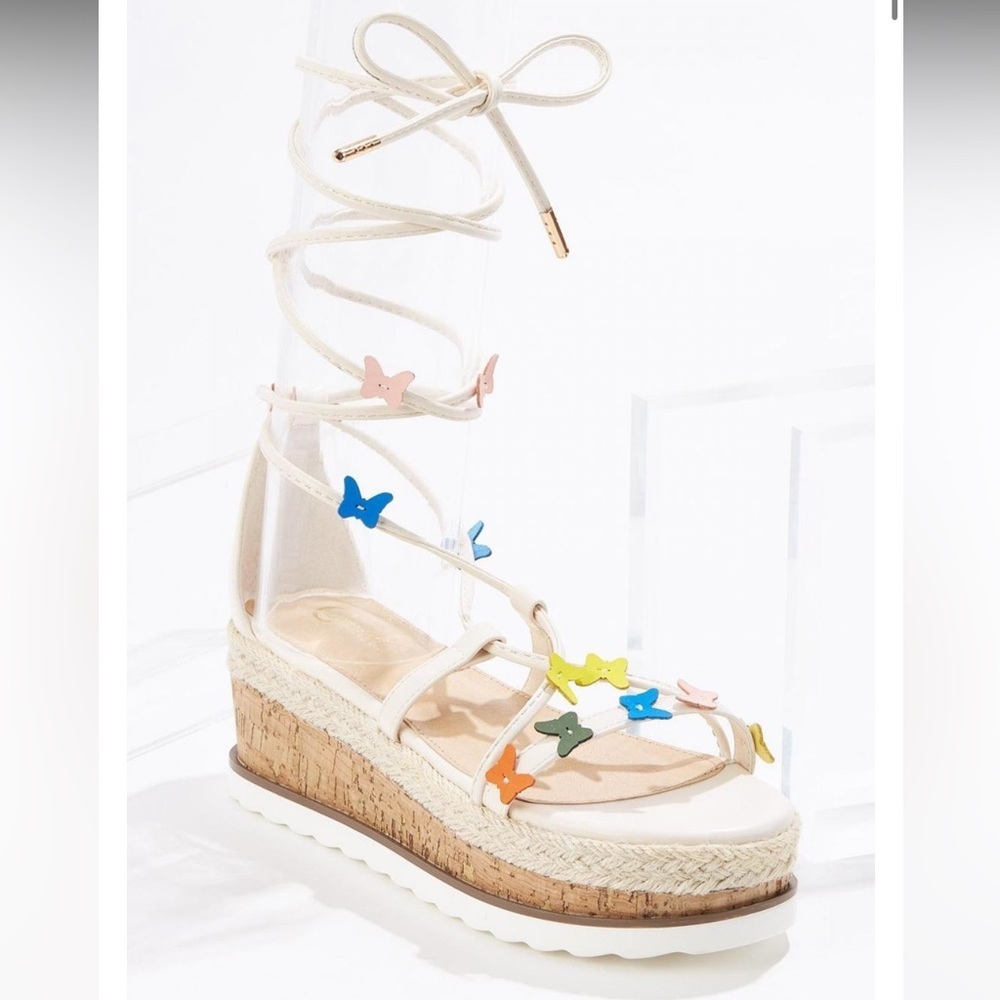 WOMENS BUTTERFLY ANKLE WRAP WEDGES NATURAL